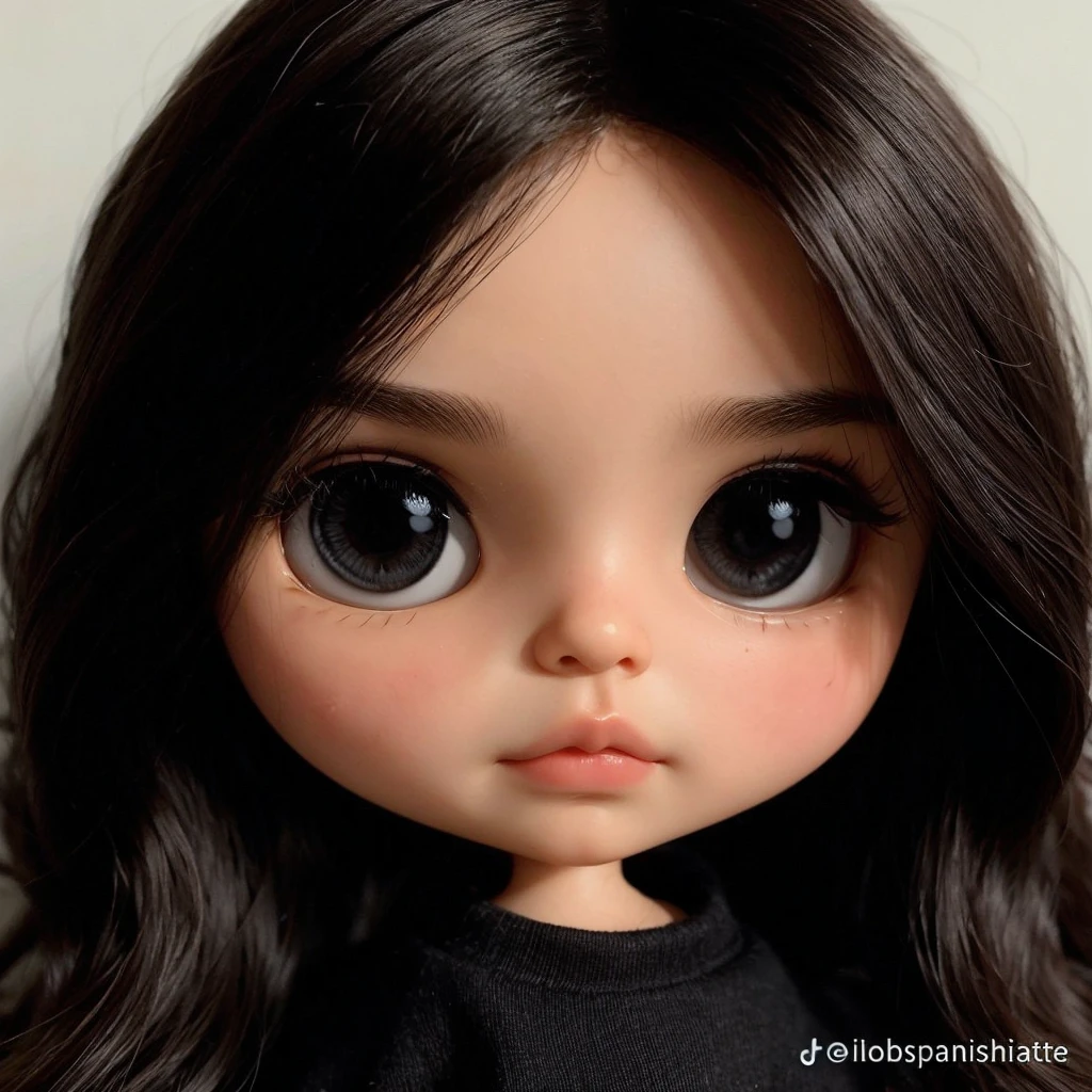 blythe doll long dark hair without bangs, thick eyebrows and piercing in the right eyebrow