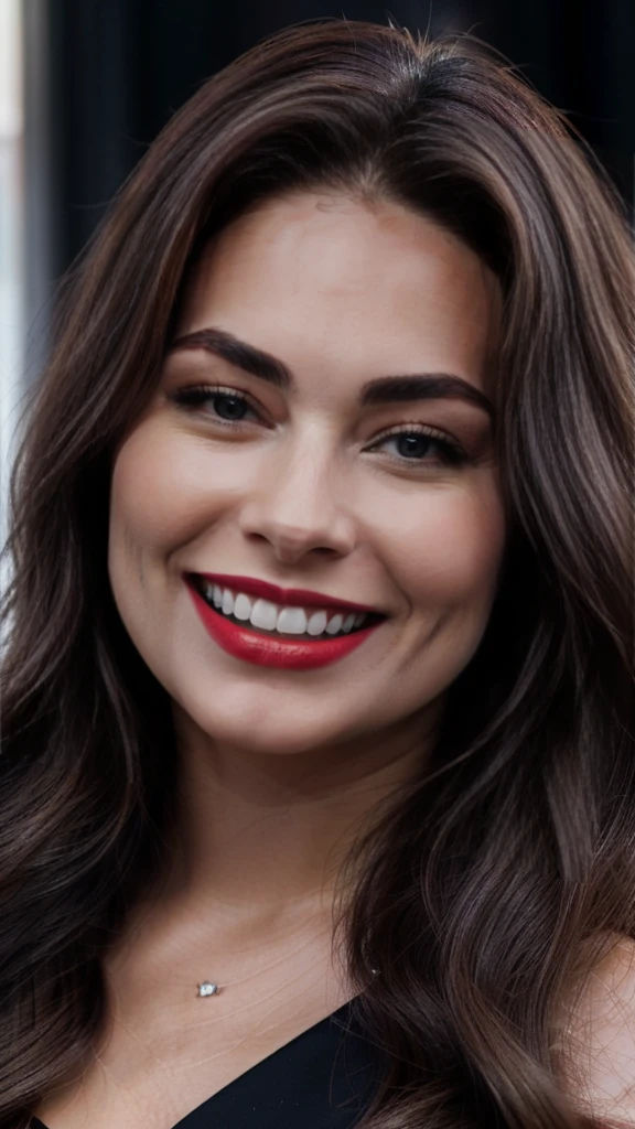 a close up of a woman with long hair and a red lipstick, cheeky smile with red lips, beautiful and smiling, dimples, beautiful smile, portrait of demi rose, isabela moner, beautiful smiling face, smiling fashion model face, she is smiling, beatiful smiling face, clear portrait of demi rose, perfect smile, lovely smile, charming smile