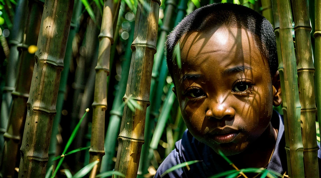 Image Black boy, 12 years old - hidden among the bamboo grove, wakes up scared with, looking through the cracks in the bamboo grove, image of the boy's eyes looking curiously between the bamboo grove, wakes up early in the morning