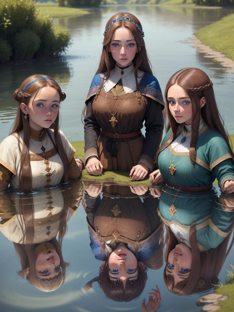 1 beautiful woman,brownhair, blue eyes of the middle ages seeing their reflection in a lake