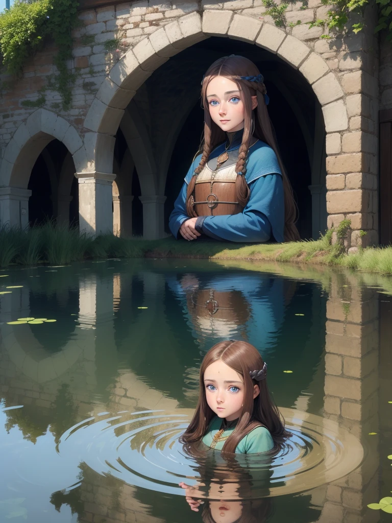 1 beautiful woman,brownhair, blue eyes of the middle ages seeing their reflection in a lake
