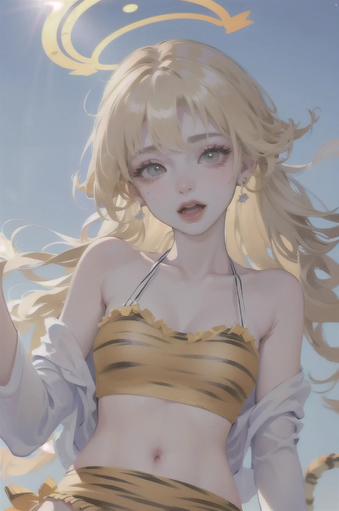(High quality) (best quality) (A woman) (correct physiognomy) (perfect pupils) (perfect eyes) woman, deep blonde hair, long and fluffy, two tiger cat ears coming out of her head, eyes with heterochromia a light red eye and one eye with white color, sensitive lips, feminine appearance, soft facial features, thin eyebrows, soft skin, rosy cheeks, rosy lips, silky eyelashes, dreamy expression, middle age, youthful clothing, sweatshirt with print tiger, photo illuminated by sunlight, woman in a field of sunflowers
