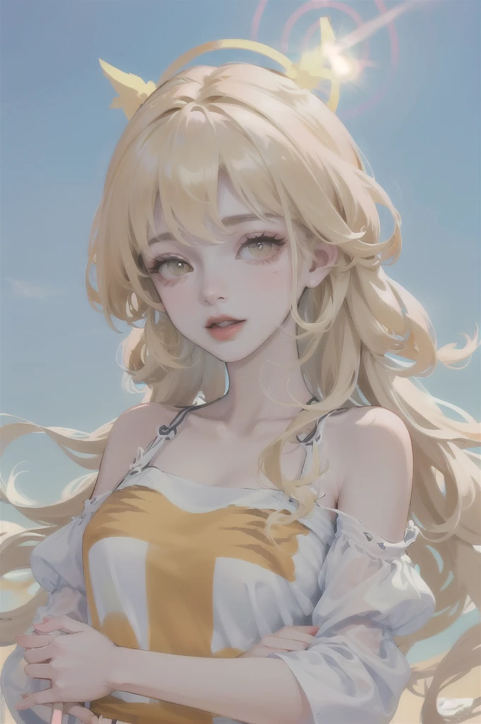 (High quality) (best quality) (A woman) (correct physiognomy) (perfect pupils) (perfect eyes) woman, deep blonde hair, long and fluffy, two tiger cat ears coming out of her head, eyes with heterochromia a light red eye and one eye with white color, sensitive lips, feminine appearance, soft facial features, thin eyebrows, soft skin, rosy cheeks, rosy lips, silky eyelashes, dreamy expression, middle age, youthful clothing, sweatshirt with print tiger, photo illuminated by sunlight, woman in a field of sunflowers