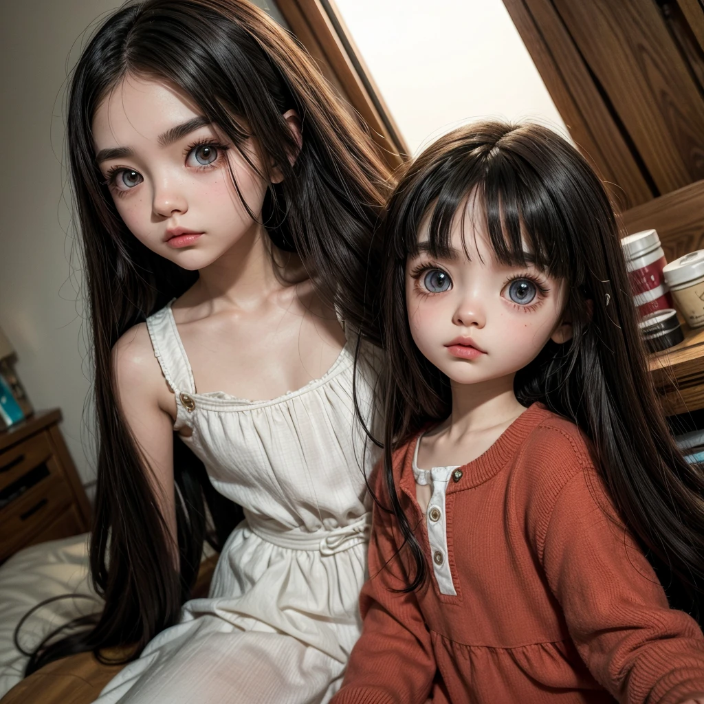 blythe doll long dark hair without bangs, thick eyebrows and piercing in the right eyebrow