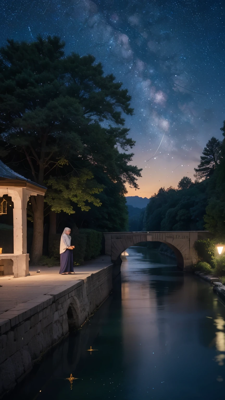 mosque, beautiful, exterior, trees, sexy girl, river, night, (((stars in sky)))