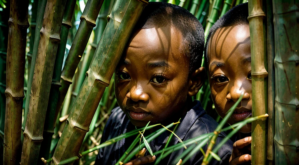 Image Black boy,  - hidden among the bamboo grove, wakes up scared with, looking through the cracks in the bamboo grove, image of the boy's eyes looking curiously between the bamboo grove, wakes up early in the morning