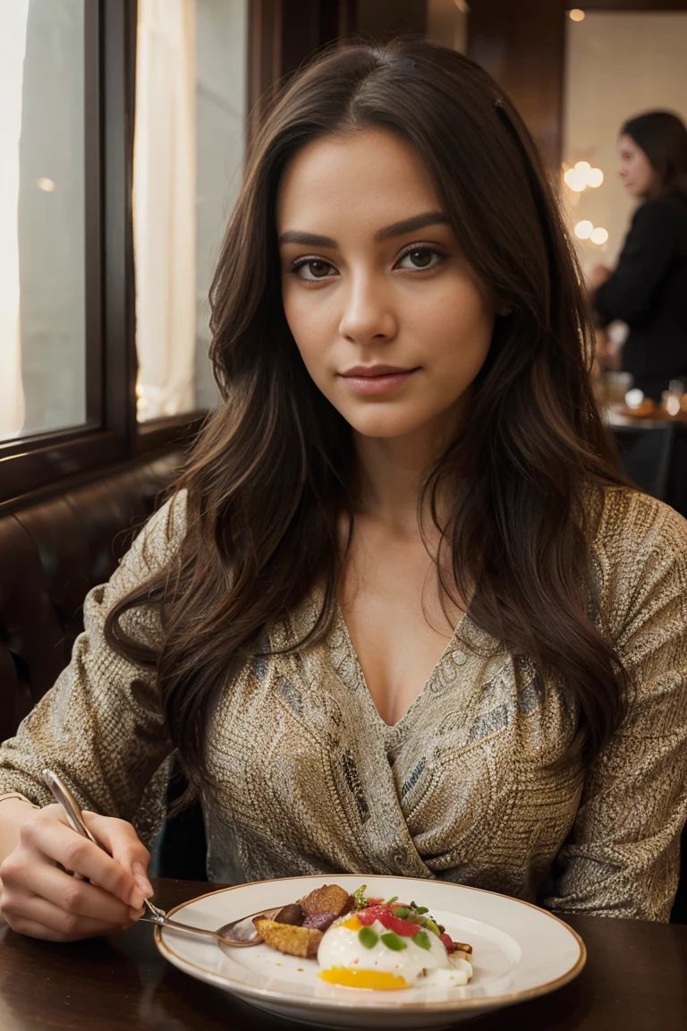 a casually elegant fashion influencer with long dark brown wavy hair, detailed face, enjoying breakfast at fancy and modern restaurant, realistic, photorealistic, high quality, 8k, best quality, masterpiece, ultra-detailed, vivid colors, cinematic lighting, intricate details