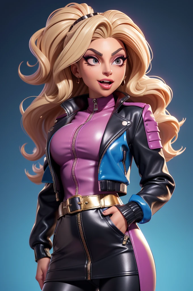 obra prima, melhor qualidade, ((only one woman,)) ((lady gaga, tan skin, wavy bob hair, open mouth,)) head back, (sassy wicked sultry sneer, big teeth smile,) open mouth, pucker mouth, sunglasses, thick smoky black eye shadow, long fake eyelashes, sticking tongue out, ((magenta leather jacket with puff shoulder,)) biker jacket has stiff collar, leather blouse, ((gold silver leather sweater dress, metallic leather sun dress, leather culottes,)) periwinkle blazer length leather coat, ((cerulean blue pvc skirt, pockets, zipper side,)) studs zippers snaps, shiny leather gloves, nip slip, body is skinny, shiny tight buttocks, arched back, camera view of whole body, looking up at me, shallow depth of field, highres, HD, 8k, anatomically correct
