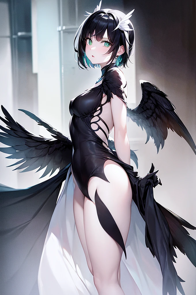 angel woman with white skin, green eyes, short shoulder-length black hair, black angel wings, wearing a beautiful black dress