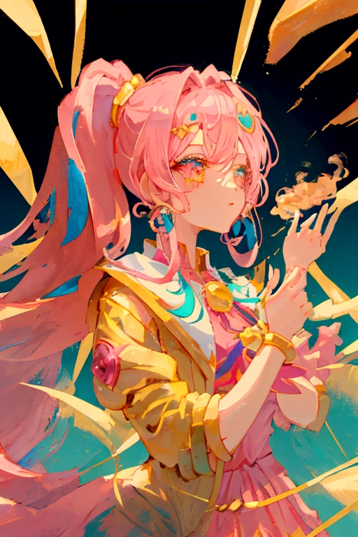 Masterpiece, high quality, 1 girl, pink and turquoise hair, long with a pigtail, gold eyes. With magical girl clothes using her powers in a battle, stage illuminated with power and golden smoke.