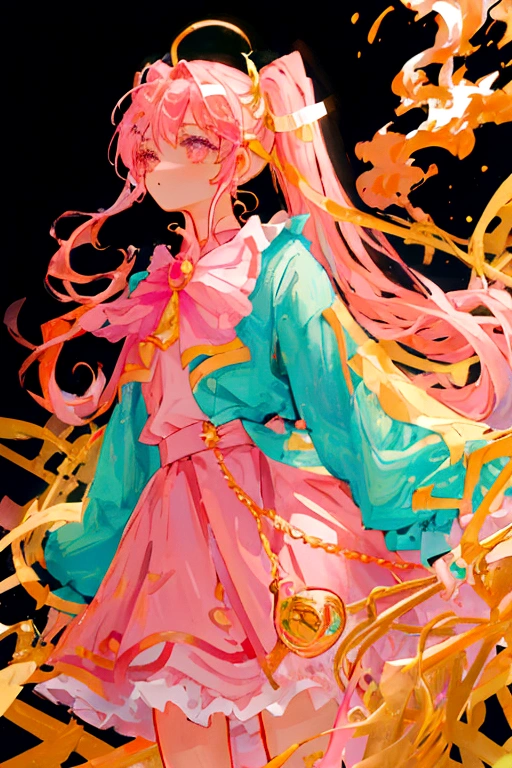 Masterpiece, high quality, 1 girl, pink and turquoise hair, long with a pigtail, gold eyes. With magical girl clothes using her powers in a battle, stage illuminated with power and golden smoke.