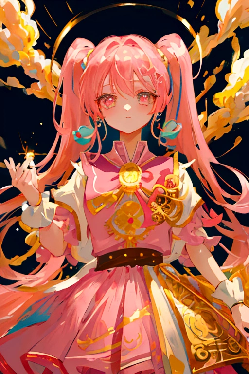 Masterpiece, high quality, 1 girl, pink and turquoise hair, long with a pigtail, gold eyes. With magical girl clothes using her powers in a battle, stage illuminated with power and golden smoke.