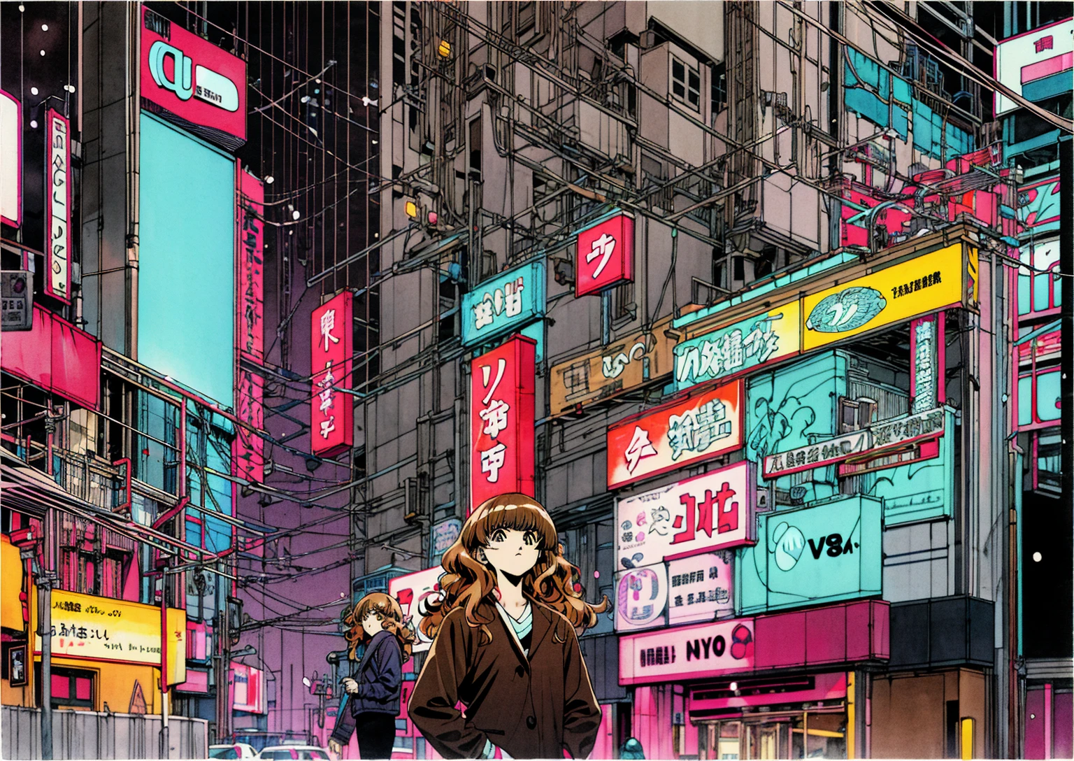 Taiga Aisaka standing on the street in Tokyo, (night), winter, (neon lights), VHS, vintage, manga style, snow, black background, (bangs), wavy hair, glitch art, light brown hair, 90's, 1girl