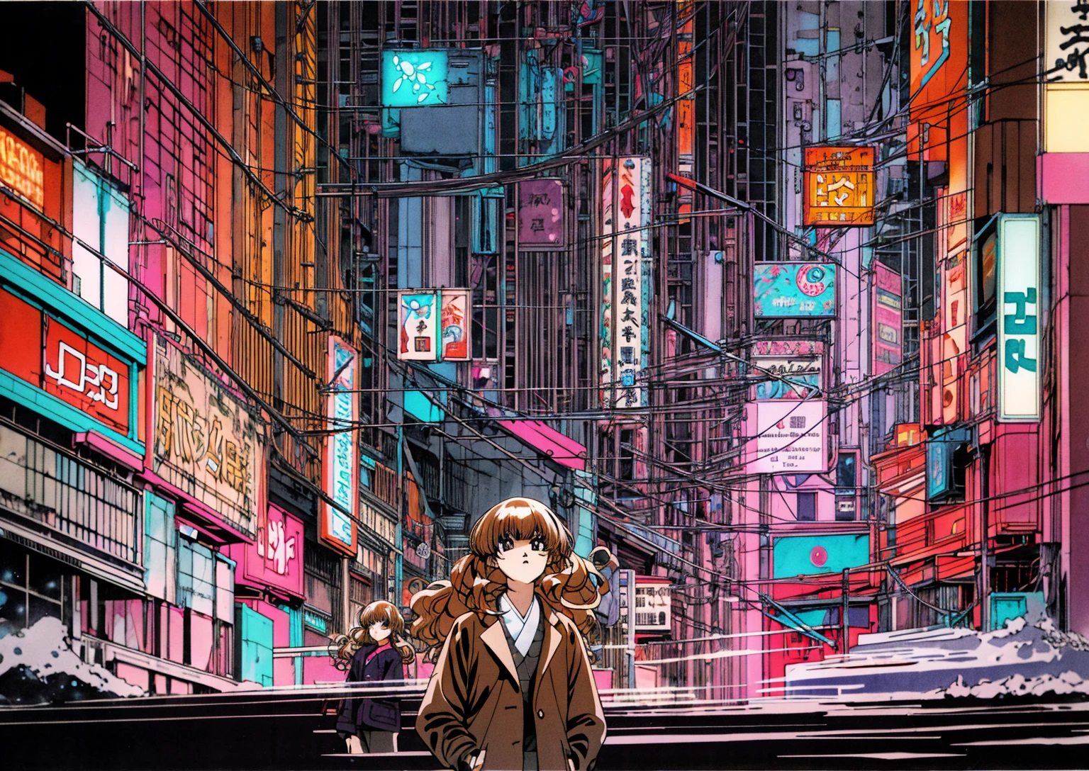 Taiga Aisaka standing on the street in Tokyo, (night), winter, (neon lights), VHS, vintage, manga style, snow, black background, (bangs), wavy hair, glitch art, light brown hair, 90's, 1girl