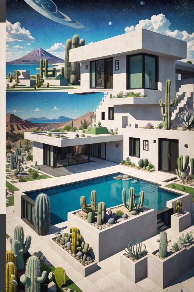An illustration, collage style, David Hockney visual style, (((Luis Barragán's architectural style houses in middle of a lake))), big boulders, little cascade, mountains, volcanos, volcanic landscape, pool, stairs, beautiful gardens, abundant vegetation, cacti, agave, big clouds, sunset. Magazine cover, serif tipography, editorial design, masterpiece, An illustration in collage style, con rocas gigantes, Brutalist construction sections, escaleras, cactus, agave, textura de concreto, Multiple geometric shapes, hatch and cross hatching, planeta Saturno. ((masterpiece, best quality)),illustration,ultra detailed 8k. (((An illustration of a build designed by Luis Barragán))), with a desertic vegetation garden, (big rocks), ((cacti)), lake, volcano in horizon, smooth clouds, (((illustration collage format))), ((Escher's art style)), (((multiple sections))), (violet, blue, olive green, grey, black and white), hard shadows, (((geometric sculptures))), concrete sculptures, high contrast, dramatic, cinematographic, ((milky way galaxy)), intricate, intricate details, sharp focus,landscape