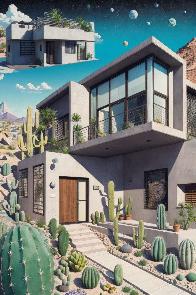 An illustration, collage style, David Hockney visual style, (((Luis Barragán's architectural style houses in middle of a lake))), big boulders, little cascade, mountains, volcanos, volcanic landscape, pool, stairs, beautiful gardens, abundant vegetation, cacti, agave, big clouds, sunset. Magazine cover, serif tipography, editorial design, masterpiece, An illustration in collage style, con rocas gigantes, Brutalist construction sections, escaleras, cactus, agave, textura de concreto, Multiple geometric shapes, hatch and cross hatching, planeta Saturno. ((masterpiece, best quality)),illustration,ultra detailed 8k. (((An illustration of a build designed by Luis Barragán))), with a desertic vegetation garden, (big rocks), ((cacti)), lake, volcano in horizon, smooth clouds, (((illustration collage format))), ((Escher's art style)), (((multiple sections))), (violet, blue, olive green, grey, black and white), hard shadows, (((geometric sculptures))), concrete sculptures, high contrast, dramatic, cinematographic, ((milky way galaxy)), intricate, intricate details, sharp focus,landscape