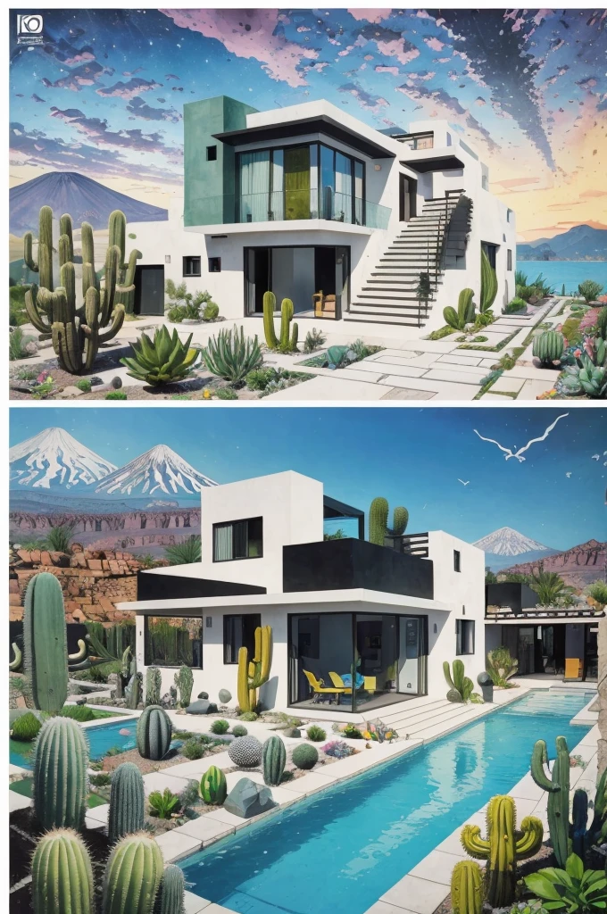 An illustration, collage style, David Hockney visual style, (((Luis Barragán's architectural style houses in middle of a lake))), big boulders, little cascade, mountains, volcanos, volcanic landscape, pool, stairs, beautiful gardens, abundant vegetation, cacti, agave, big clouds, sunset. Magazine cover, serif tipography, editorial design, masterpiece, An illustration in collage style, con rocas gigantes, Brutalist construction sections, escaleras, cactus, agave, textura de concreto, Multiple geometric shapes, hatch and cross hatching, planeta Saturno. ((masterpiece, best quality)),illustration,ultra detailed 8k. (((An illustration of a build designed by Luis Barragán))), with a desertic vegetation garden, (big rocks), ((cacti)), lake, volcano in horizon, smooth clouds, (((illustration collage format))), ((Escher's art style)), (((multiple sections))), (violet, blue, olive green, grey, black and white), hard shadows, (((geometric sculptures))), concrete sculptures, high contrast, dramatic, cinematographic, ((milky way galaxy)), intricate, intricate details, sharp focus,landscape