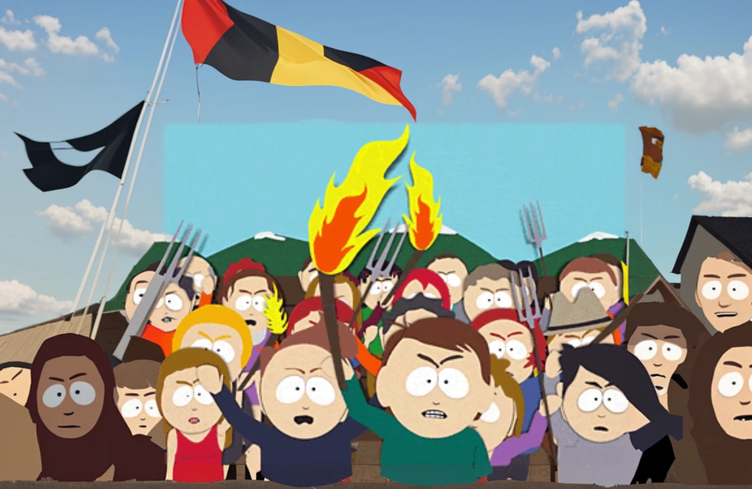Edit the uploaded picture with burned saxony flags from germany. Add a sentences in cloud font . The sentence is „Sachsen kontrolliert abbrennen lassen“