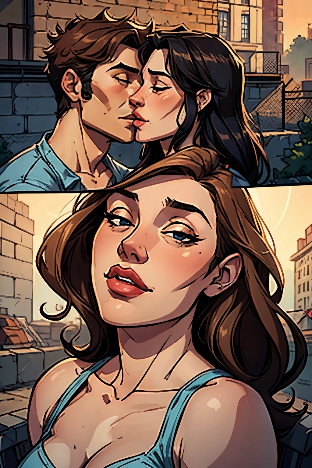 "An illustration of a couple in their mid-30s sharing a secret kiss. They are hidden within a construction site, surrounded by elements such as partially built brick walls, scaffolding, and various construction tools. The focus should be on their faces and hands, capturing their expressions of love and intimacy with detailed and realistic features. Their faces should be close, eyes gently closed, and their mouths perfectly depicted in a tender kiss. Additionally, their hands should be delicately and realistically drawn, with one of them gently holding the other’s face or neck, emphasizing their deep connection. The drawing style should be detailed and realistic, with soft and warm colors to enhance the romantic atmosphere of the scene."