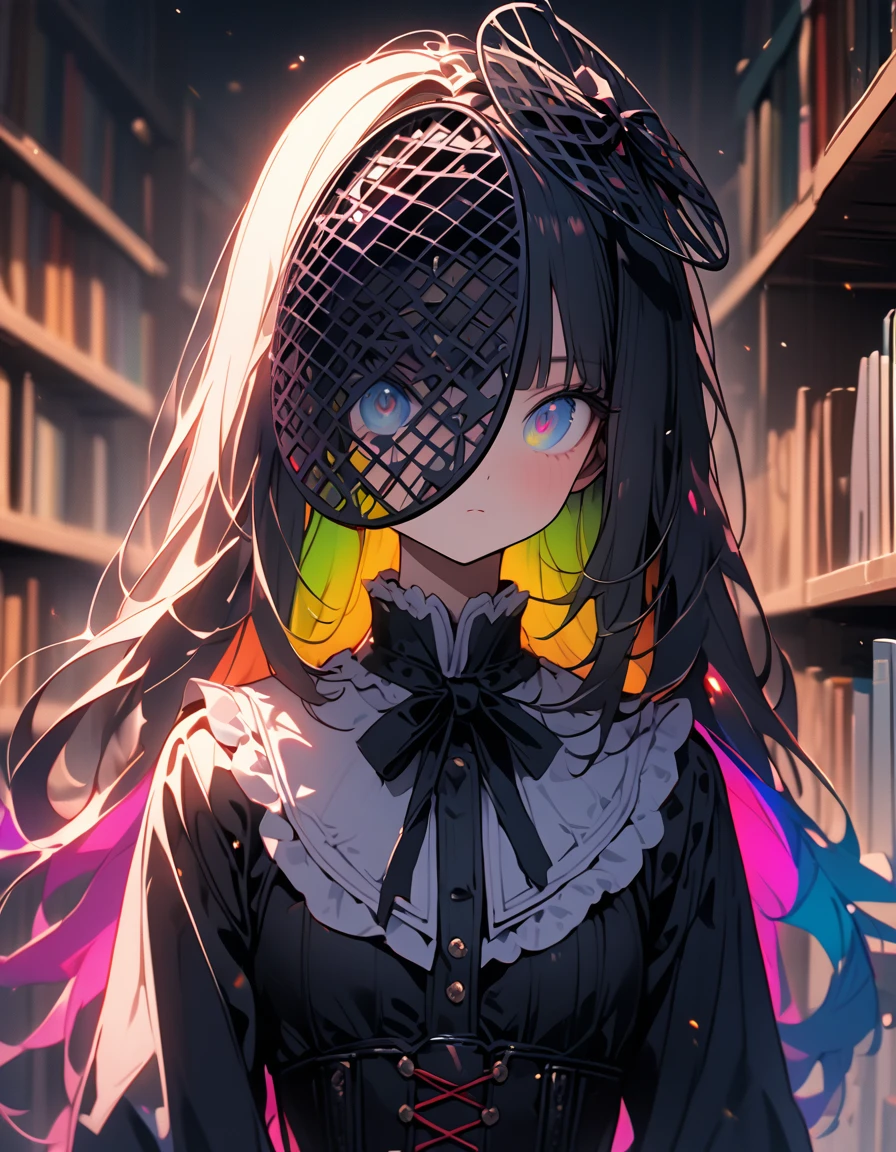 (8K, best quality, master piece: 1.2), super high resolution,1 girl,独奏,yo,ultra-detailed face,detailed eyes,gradient eyes,blunt bangs,(rainbow hair),Straight Hair,Long Hair,long sleeve petal collar blouse,Fascinator,corset skirt,expressionless,lash extension,Small mouth,Standing in front of a bookshelf,upper body,Rim Light,library