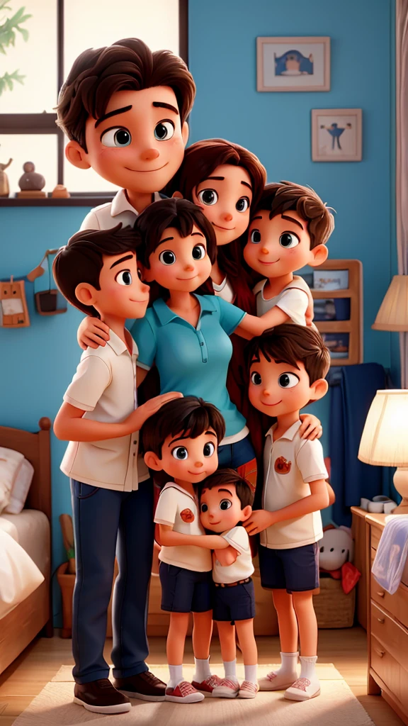 Happy family with beautiful mommy, handsome daddy, and 2 cute kids (boys) hugging each other inside the bedroom