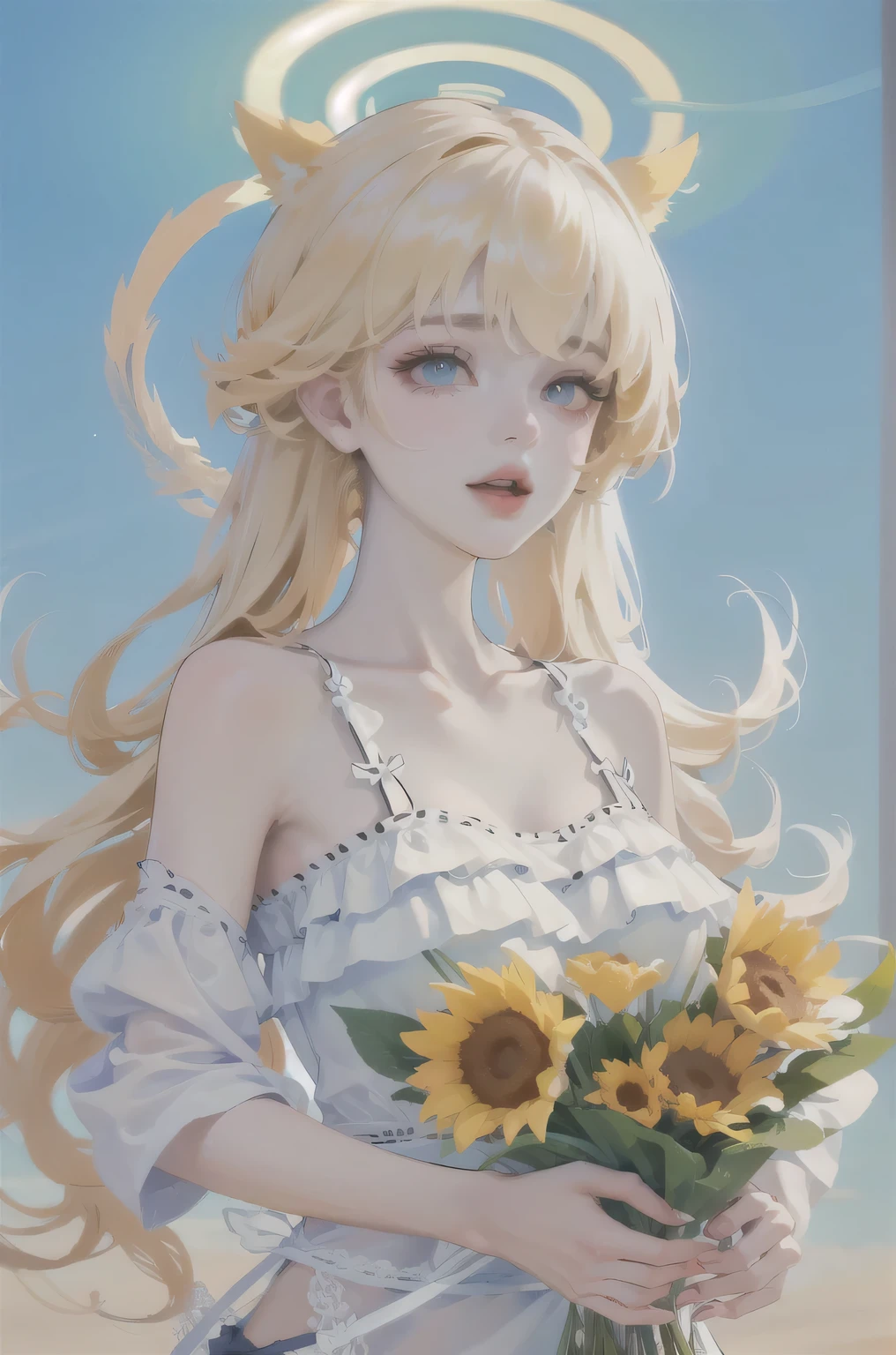 (High quality) (best quality) (A woman) (correct physiognomy) (perfect pupils) (perfect eyes) woman, deep blonde hair, long and fluffy, two tiger cat ears coming out of her head, eyes with heterochromia a light red eye and one eye with white color, sensitive lips, feminine appearance, soft facial features, thin eyebrows, soft skin, rosy cheeks, rosy lips, silky eyelashes, dreamy expression, middle age, youthful clothing, sweatshirt with print tiger, photo illuminated by sunlight, woman in a field of sunflowers