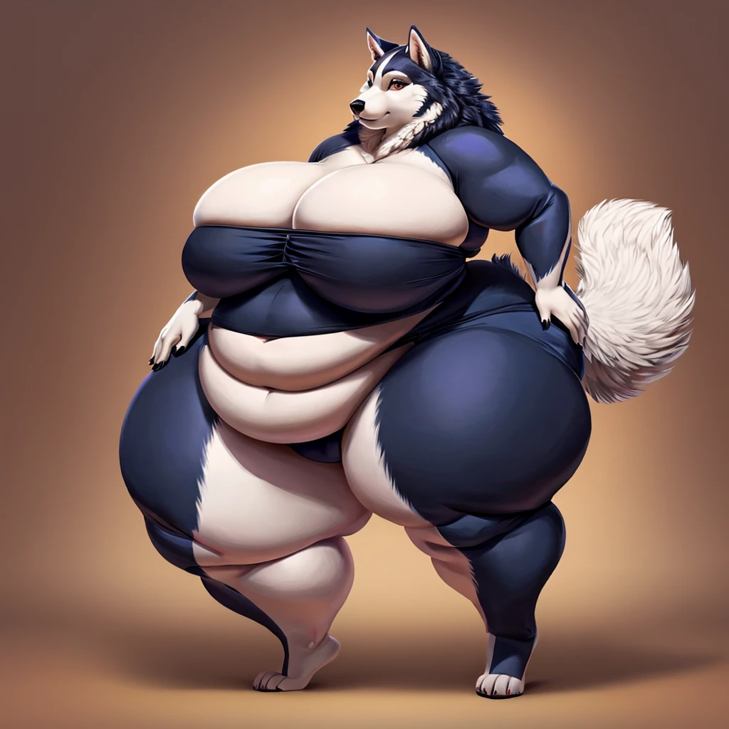 Gorgeous, beautiful, plump and voluptuous female malamute with massive breasts, massive hips, massive thighs, morbidly obese,a huge overhanging flabby belly,a deep navel,fat arms, fat legs, she has eyelashes and a rolled up tail