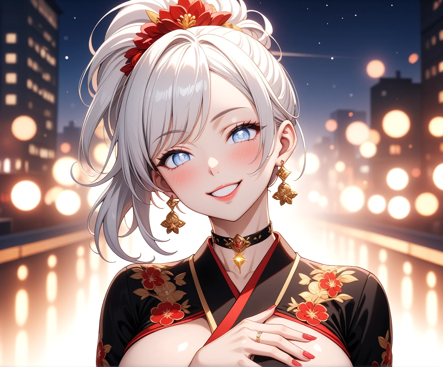 ((One personの女性)), Beautiful Face, (Laughing embarrassedly), (laugh:1.2),((Wink:1.9)), (head tilt:1.3), Laugh with your mouth wide open, upper teeth, looking down at viewer, ((Bright red cheeks:1.4)),Glossy Red Lips,rooftop, firework, Glossy red lips, Shining Face, ((Anime style background)),masterpiece, Highest quality, so beautiful,up to date, Complex details, (Pink long nails),(ring),(bracelet),(Floral choker),AI-generated, Complex,High resolution, Highest quality, super high quality,3D Images、3D Images,One person,Long white hair,High Ponytail, Anime woman posing for a photo,(blue eyes), ((Fine grain、Silvery white, lightly pigmented eyes、Shining Eyes:1.4)), (Squint your eyes:1.1),a hyperRealistic , hyperRealistic , Realistic,Anime woman with long white hair, Smooth anime CG art, A woman in a colorful kimono with gold embroidery, (Black long sleeve kimono),Red floral pattern,Long flower hair ornament,Earrings,Mature Body,(Big Breasts:1.1),Tall,Abdominal muscles,Tight waist,(Zoom up to face:1.5), (front view),