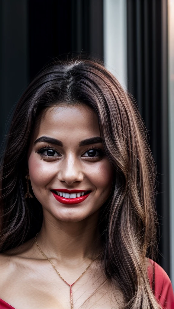 image of a girl in dubai realistic image of a 20 year old girl, solo, red lipstick, red lips glossy, long black hair, beatiful breasts, looking at viewer, blonde hair, bare shoulders, black eyes, jewelry, full body, necklace, off shoulder, short blue blouse, lips, realistic, nose, flirting with camera, masterpies, smiling face with dimple
