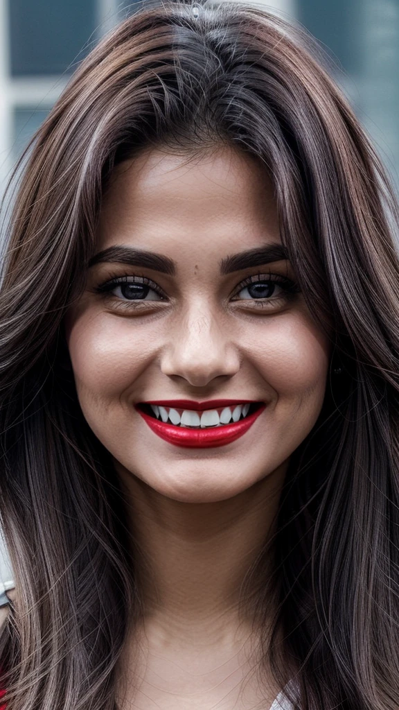 image of a girl in dubai realistic image of a 20 year old girl, solo, red lipstick, red lips glossy, long black hair, beatiful breasts, looking at viewer, blonde hair, bare shoulders, black eyes, jewelry, full body, necklace, off shoulder, short blue blouse, lips, realistic, nose, flirting with camera, masterpies, smiling face with dimple