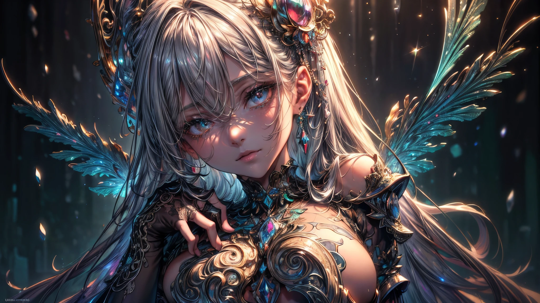 High-definition RAW color art, animation,sculptures, Silver Marble Skin, (((Ultra detailed elegant))), magical atmosphere, detailed skin, texture,(intricately detailed, good detail, ultra detailed art), Depth of fields, bokeh, silky touch, hyper detail, matte drawing, (gear factory), pretty eyes, elegant face, neon light, nice chest, looking sideways