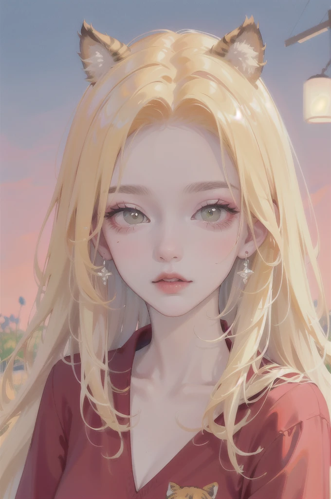 (High quality) (best quality) (A woman) (correct physiognomy) (perfect pupils) (perfect eyes) woman, deep blonde hair, long and fluffy, two tiger cat ears coming out of her head, eyes with heterochromia a light red eye and one eye with white color, sensitive lips, feminine appearance, soft facial features, thin eyebrows, soft skin, rosy cheeks, rosy lips, silky eyelashes, dreamy expression, middle age, youthful clothing, sweatshirt with print tiger, photo illuminated by sunlight, woman in a field of sunflowers