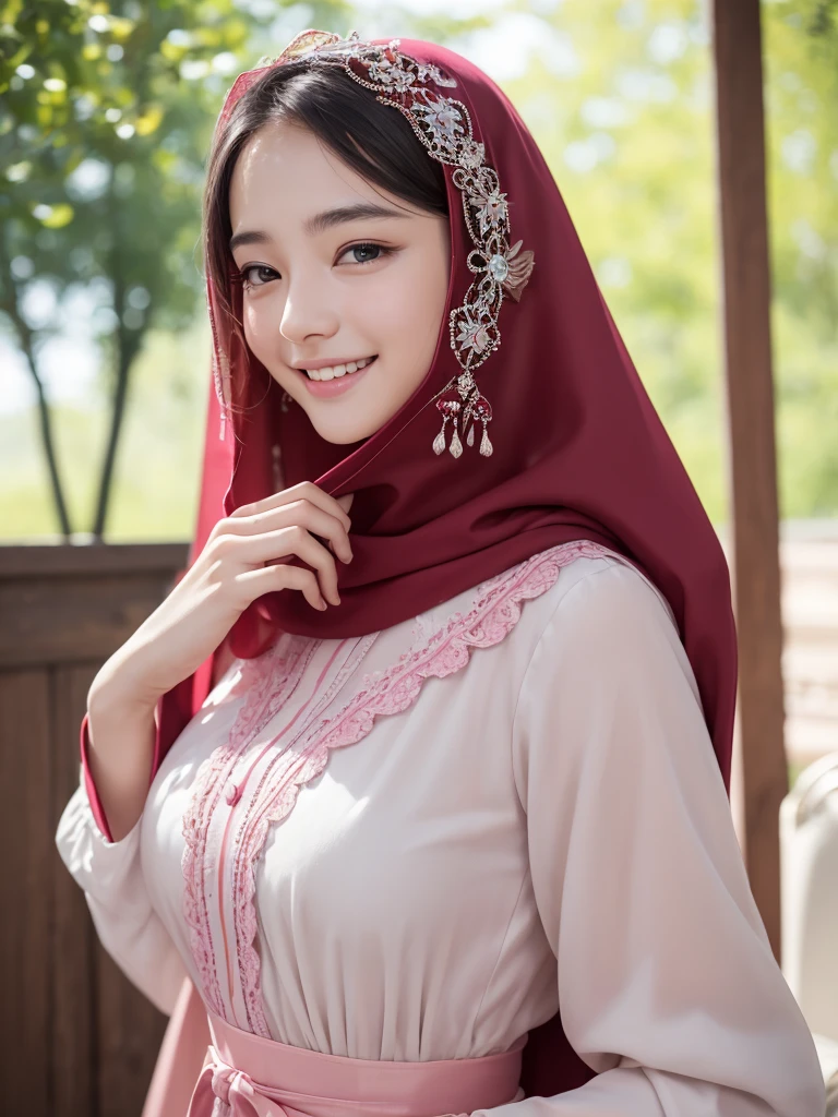(8K、Raw photography、top quality、masterpiece: 1.2)、(realistic、Photorealistic:1.37)、ultra-detailliert、超High resolution, 1 girl、look at the viewer、beautiful facial details、Smile、Constriction、(Slim waist) : 1.3)、Professional lighting、Whole human body、Indonesian high 、wearing hijab、Muslim clothing, matriculation、、E-cup、Happy smile、sixteen years old、Red ribbon、baby face、Childish smile、Suppin 、Moisturizing lips、Thin pink lips、