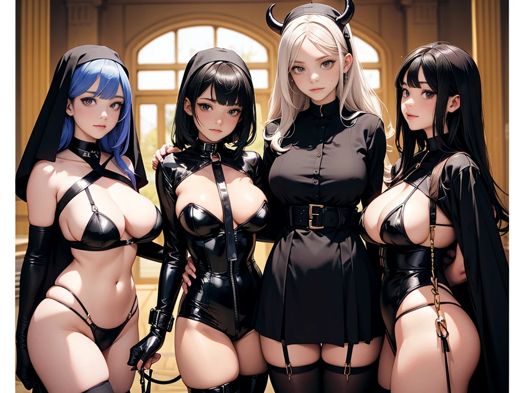 Dynamic Snapshot, ((3 women)), A picture of 2 beautiful succubus demon girls and 1 sexual a nun on a leash, dildo sex, ((2 demon girls and a a nun)), a nun, demons, beautiful demon girls, dark, sexual, a nun on a leash, (golden leash), collar, bdsm, Beautiful bodies, Very Detailed Faces, Stockings, leather skinny boots, horny, from below, Closeup