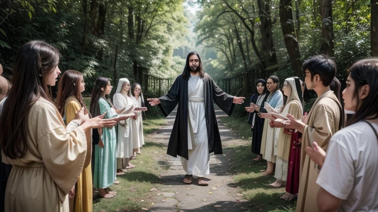 is Jesus Christ, whose eyes convey ancient wisdom and infinite love. He extends his hand in a welcoming gesture, inviting you to walk beside you. As you stroll among the leafy trees and crystal clear streams, He begins to share stories and teachings that touch his heart deeply. What is the personal message Jesus shares with you in this sacred moment?? How this experience transforms your view of yourself, of others and the world around them?"