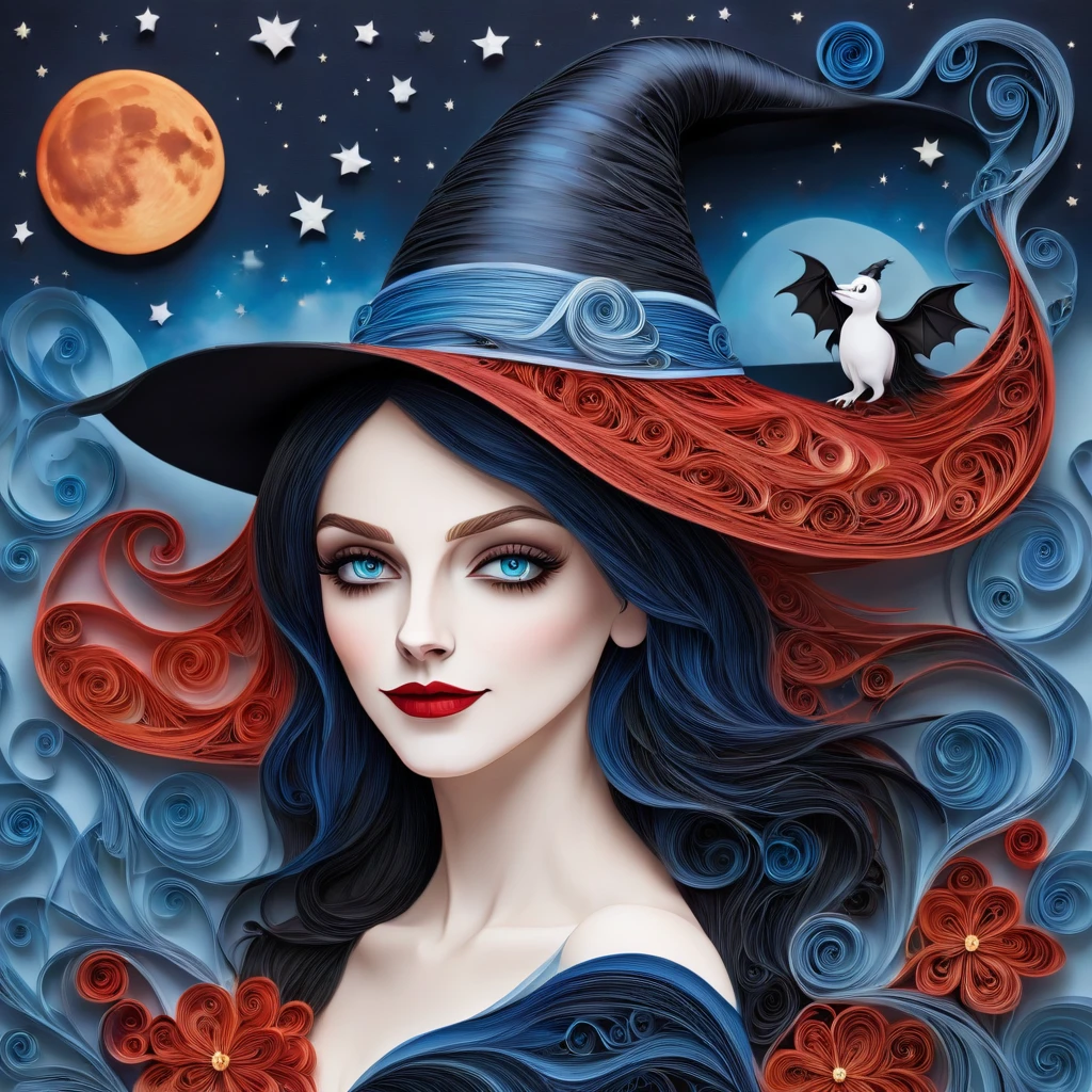 Yanzhi,quilling de papel, ((see through the crooked branches)), (standing alone:1.3) (((beautiful witch))) (Bblack hair) ((long red hat)) (((sinister grin))), ((mystical blue flows)), (bats), (((cute little ghosts))), breathtaking ((starlit)) full moon night, (Wheat)