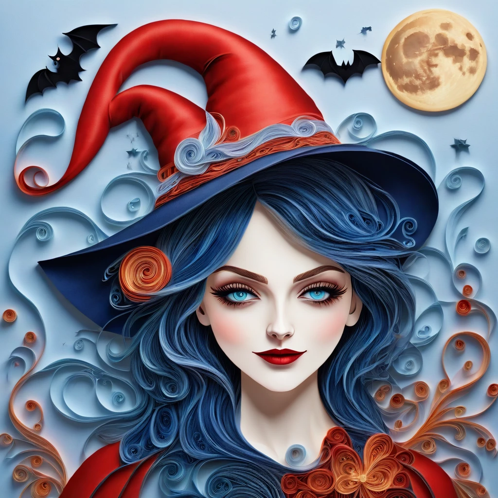 Yanzhi,quilling de papel, ((see through the crooked branches)), (standing alone:1.3) (((beautiful witch))) (Bblack hair) ((long red hat)) (((sinister grin))), ((mystical blue flows)), (bats), (((cute little ghosts))), breathtaking ((starlit)) full moon night, (Wheat)