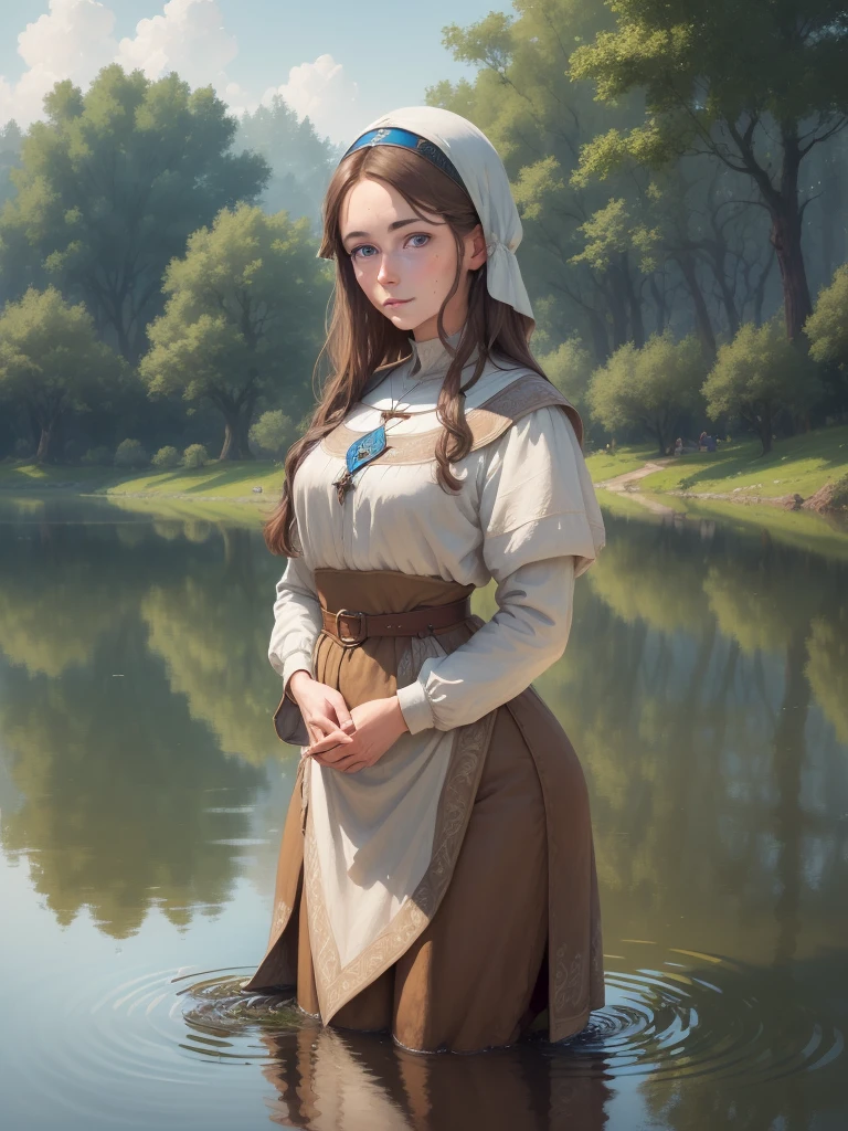 ((best qualityer)), ((work of art)),1womanl, Linda,brownhair, blue eyes of the middle ages seeing their reflection in a lake, looking at the lake.