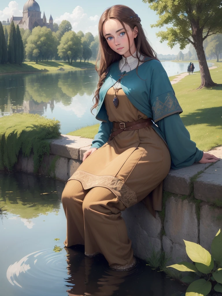 ((best qualityer)), ((work of art)),1womanl, Linda,brownhair, blue eyes of the middle ages seeing their reflection in a lake, looking at the lake.