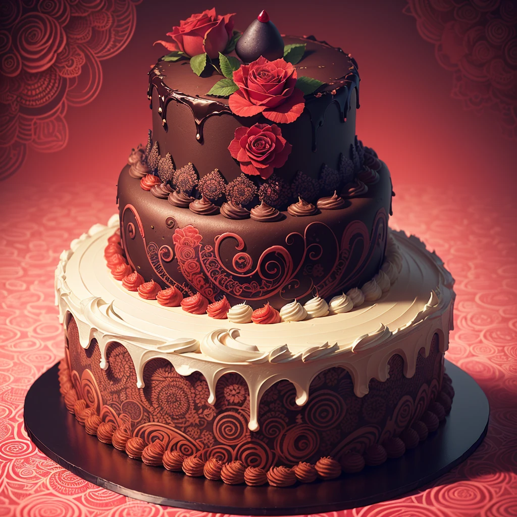 (The birthday cake),Riff style, (masutepiece, top-quality, Best quality, offcial art, Beautiful and aesthetic:1.2), (rosette:1.3), Extremely detailed,(Fractal Art:1.1),(Colorful:1.1)(Flowers:1.3),highest details,(zentangle:1.2), (abstract backgrounds:1.3), (many color:1.4), ,(feater:1.5)Rose cake、Garnish with strawberries