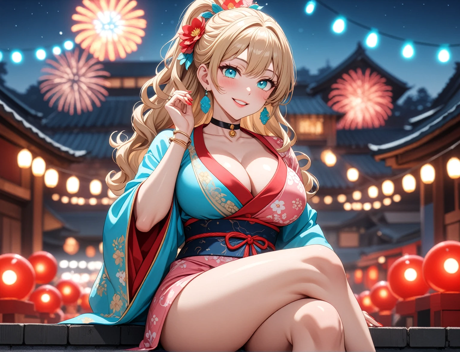 ((One personの女性)), Beautiful Face,(Laughing embarrassedly), (naughty face:1.2), (Wink:1.9), Laughing with your mouth open, upper teeth, ((Bright red cheeks:1.4)),Glossy pink lips, ((crossed legs:1.4)), (panty shot), looking down at viewer,Touching hair with hands,looking at viewer,Shining Face, rooftop, Festival decorations, firework, ((Anime style background)),masterpiece, Highest quality, so beautiful,up to date, Complex details, (Pink long nails),(ring),(bracelet),(choker),AI-generated, Complex,High resolution, Highest quality, super high quality,3D Images、3D Images,One person,Long blonde hair,ponytail, wavy hair ,Anime woman posing for a photo, ((Fine grain、Turquoise Eyes、Shining Eyes:1.3)), (Squint your eyes:1.1),a hyperRealistic , hyperRealistic , Realistic,Anime woman with long white hair, Smooth anime CG art, A woman in a colorful kimono with gold embroidery, (Pink long sleeve kimono),Red floral pattern,Long flower hair ornament,Earrings,Mature Body,(Big Breasts:1.1),Tall,Abdominal muscles,Tight waist,(Zoom up to face:1.2), (front side),