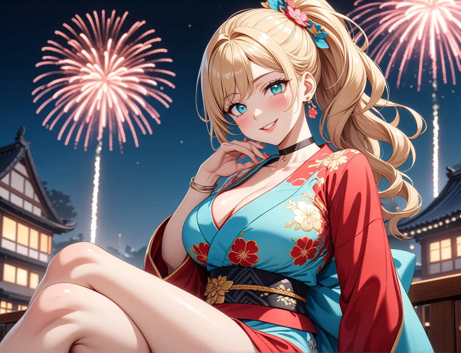 ((One personの女性)), Beautiful Face,(Laughing embarrassedly), (naughty face:1.2), (Wink:1.9), Laughing with your mouth open, upper teeth, ((Bright red cheeks:1.4)),Glossy pink lips, ((crossed legs:1.4)), (panty shot), looking down at viewer,Touching hair with hands,looking at viewer,Shining Face, rooftop, Festival decorations, firework, ((Anime style background)),masterpiece, Highest quality, so beautiful,up to date, Complex details, (Pink long nails),(ring),(bracelet),(choker),AI-generated, Complex,High resolution, Highest quality, super high quality,3D Images、3D Images,One person,Long blonde hair,ponytail, wavy hair ,Anime woman posing for a photo, ((Fine grain、Turquoise Eyes、Shining Eyes:1.3)), (Squint your eyes:1.1),a hyperRealistic , hyperRealistic , Realistic,Anime woman with long white hair, Smooth anime CG art, A woman in a colorful kimono with gold embroidery, (Pink long sleeve kimono),Red floral pattern,Long flower hair ornament,Earrings,Mature Body,(Big Breasts:1.1),Tall,Abdominal muscles,Tight waist,(Zoom up to face:1.2), (front side),