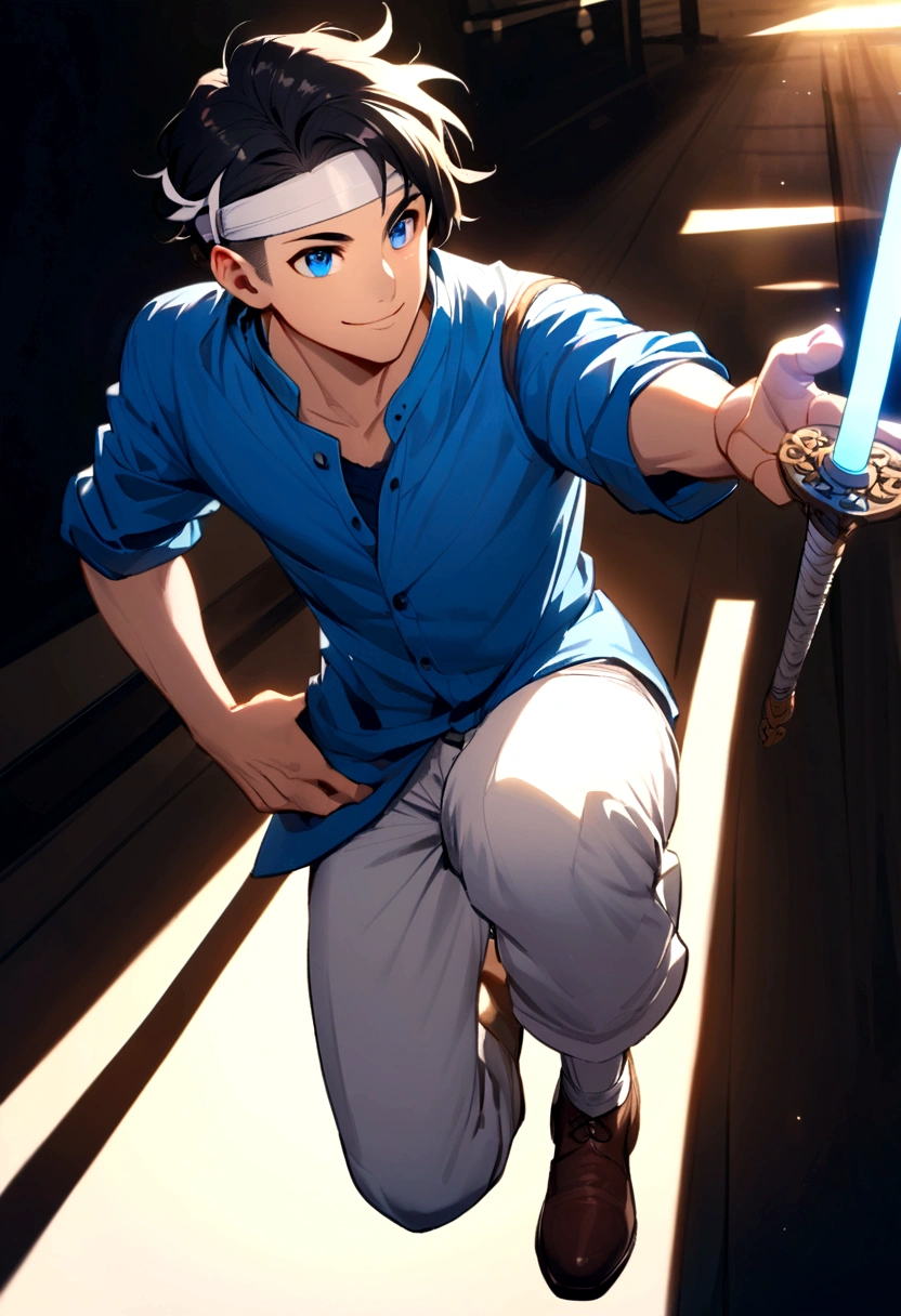 cool boy with short black hair, blue eyes, white headband on his forehead, blue shirt, white pants, brown shoes with a sword on his right hand, smile