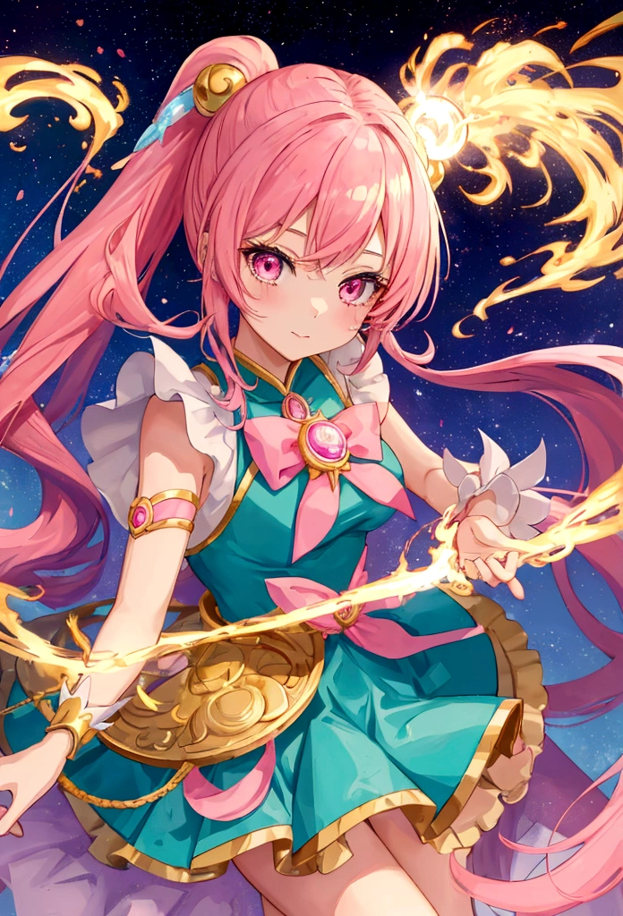 Masterpiece, high quality, 1 girl, pink and turquoise hair, long with a pigtail, gold eyes. With magical girl clothes using her powers in a battle, stage illuminated with power and golden smoke.