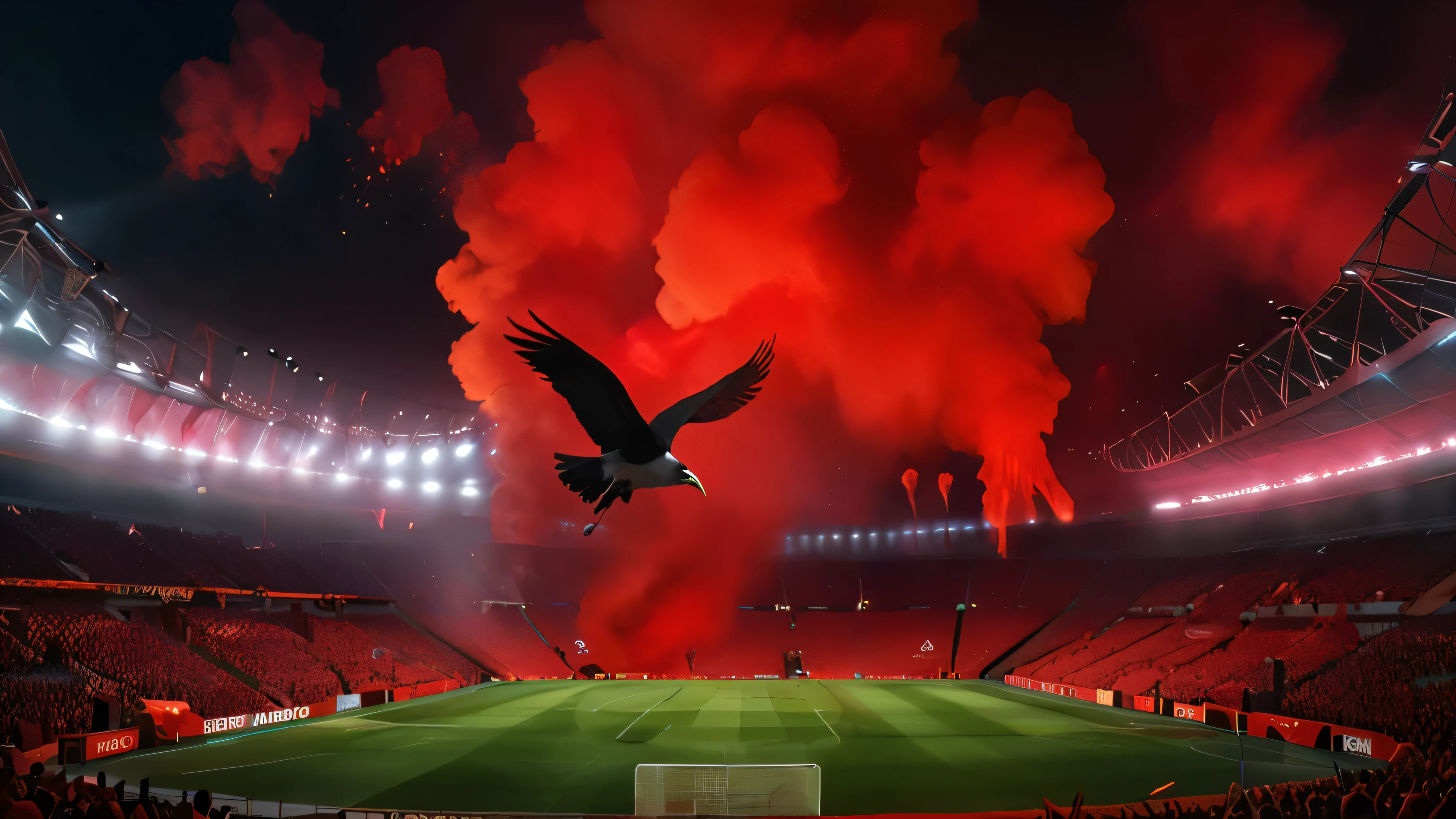 soccer pitch, , Araffe voando sobre um soccer pitch com uma nuvem de fumaça vermelha, epic stunning atmosphere, very epic atmosphere, red atmosphere, atmosfera deslumbrante, por Paul Bird, bela atmosfera, epic atmosphere, beautiful atmosphere, magical atmosphere, por Thomas Scholes, fiery atmosphere, intense atmosphere, atmosfera real, terrifying atmosphere, magical atmosphere + work of art, rich atmosphere, courageous atmosphere