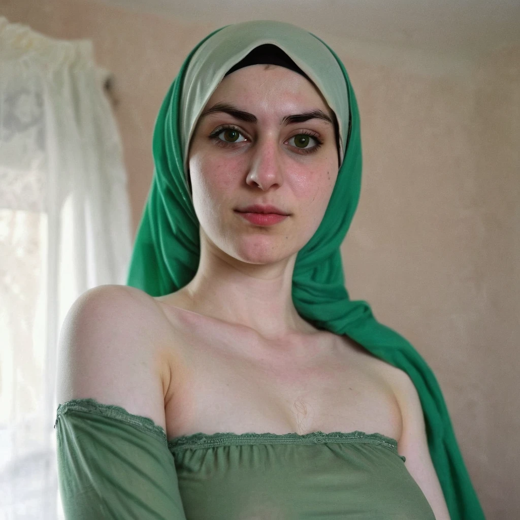 Ugly pale skin Kurdish girl straight hijab nude arm nude shoulder breasts standing in bedroom hairy body hairy arms thick eyebrows green eyes close up
