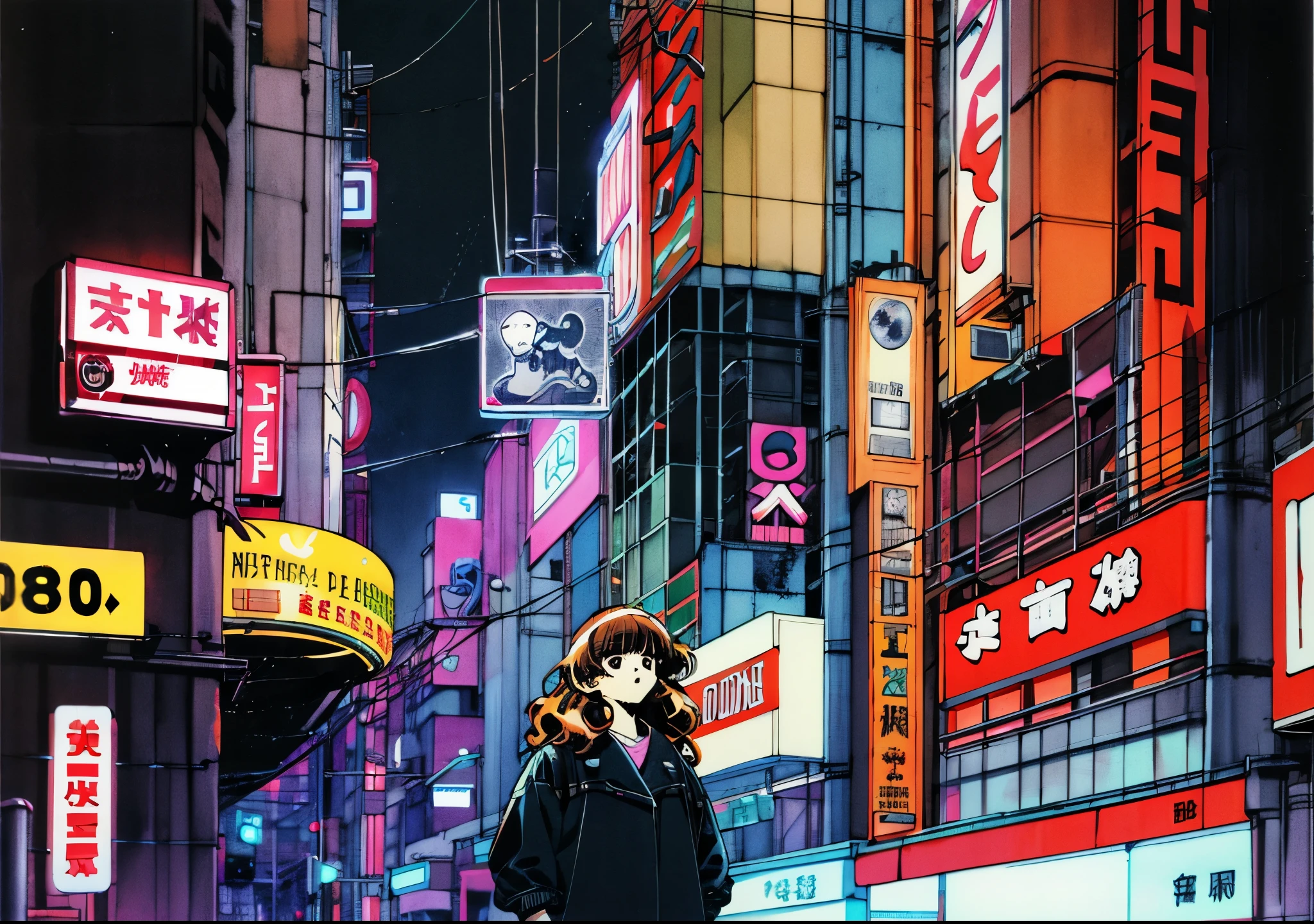 Taiga Aisaka standing on the street in Tokyo, (night), winter, (neon lights), VHS, vintage, manga style, snow, black background, (bangs), wavy hair, glitch art, light brown hair, 90's