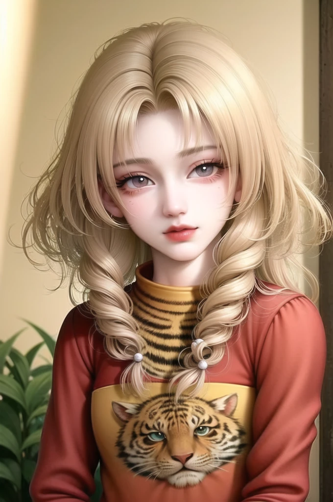 (High quality) (best quality) (A woman) (correct physiognomy) (perfect pupils) (perfect eyes) woman, deep blonde hair, long and fluffy, two tiger cat ears coming out of her head, eyes with heterochromia a light red eye and one eye with white color, sensitive lips, feminine appearance, soft facial features, thin eyebrows, soft skin, rosy cheeks, rosy lips, silky eyelashes, dreamy expression, middle age, youthful clothing, sweatshirt with print tiger, photo illuminated by sunlight, woman in a field of sunflowers