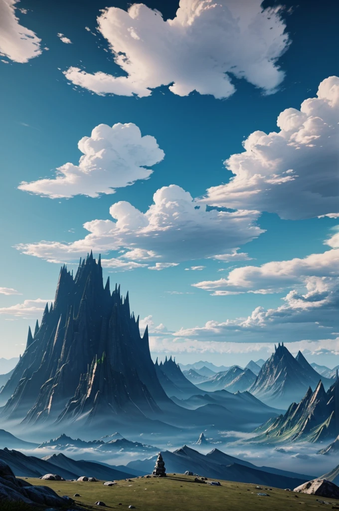 Generate a picture of a cloud world with towers poking through the clouds and tall mountains in between. Just like in "the last guardian"
