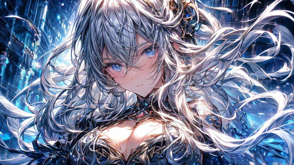 High-definition RAW color art, animation,sculptures, Silver Marble Skin, (((Ultra detailed elegant))), magical atmosphere, detailed skin, texture,(intricately detailed, good detail, ultra detailed art), Depth of fields, bokeh, silky touch, hyper detail, matte drawing, (gear factory), pretty eyes, elegant face, neon light, nice chest, looking sideways